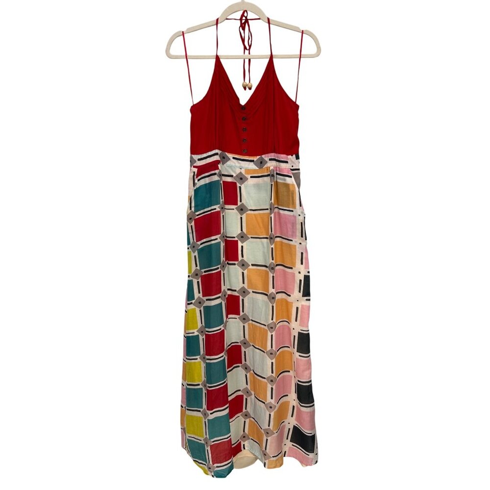 Kendall K Maxi Dress Size 8 Sleeveless Halter Neck Geometric Multi Art To Wear